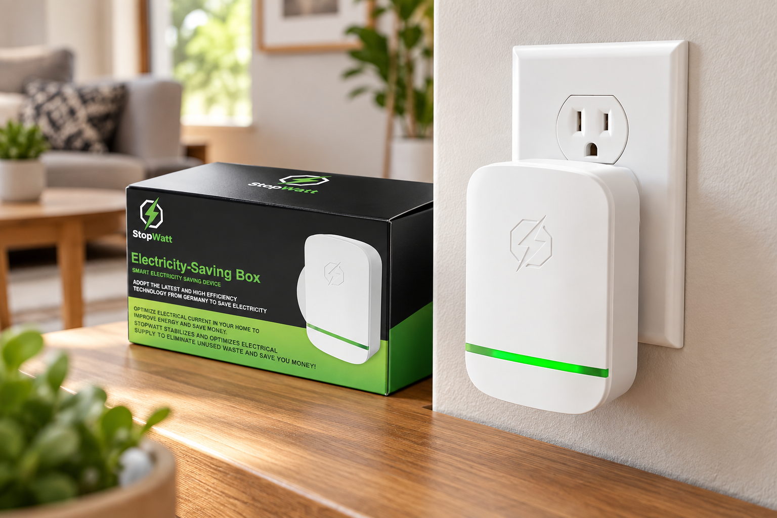 StopWatt plugged into a wall outlet in a home