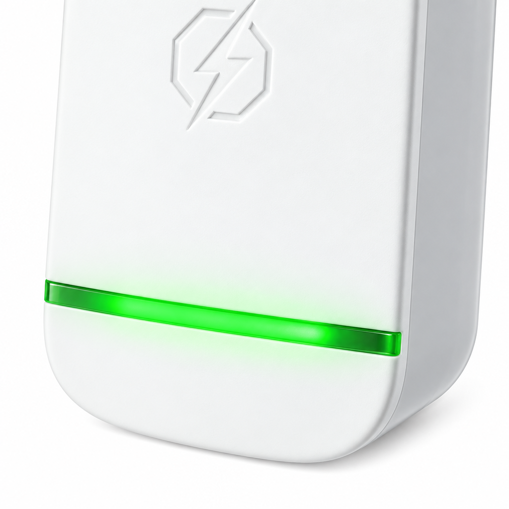 Close-up of the green LED indicator on StopWatt showing it's active